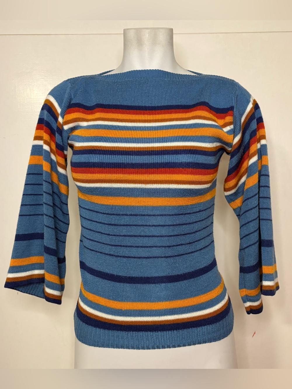 Vintage 70s Blue Orange Striped Flare Sleeve Boatneck Acrylic Knit Sweater Top